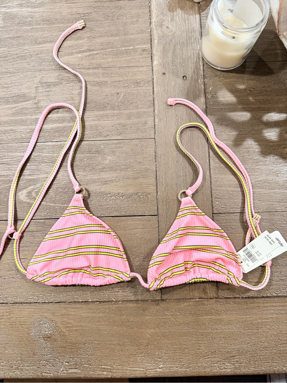 aerie Pink Triangle Bikini Top with Yellow and Black Trim